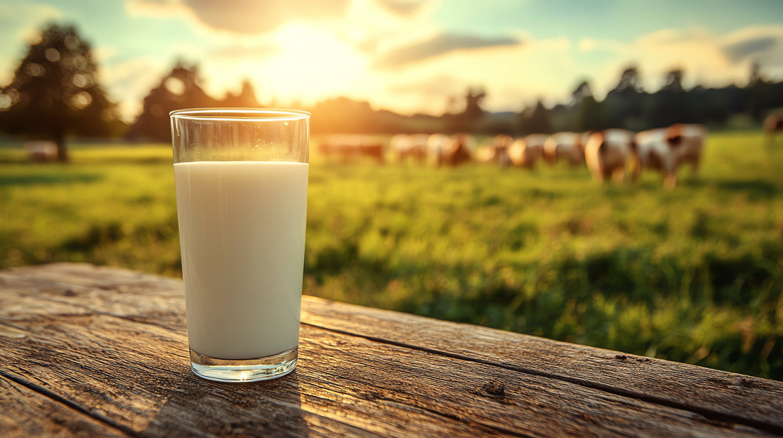 Glass of raw milk on a farm